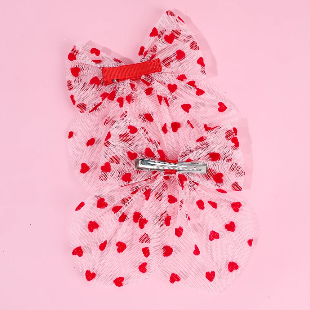2Pcs Tulle Heart Bow Hair Clip Elegant Lace Love Hairpins Sweet Barrette For Girls Kids Children Fashion Headdress Accessories