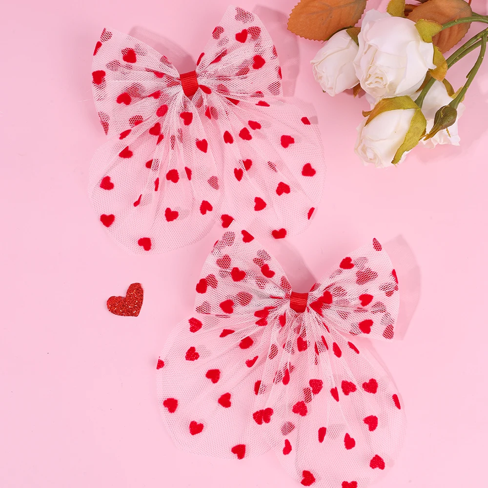 2Pcs Tulle Heart Bow Hair Clip Elegant Lace Love Hairpins Sweet Barrette For Girls Kids Children Fashion Headdress Accessories