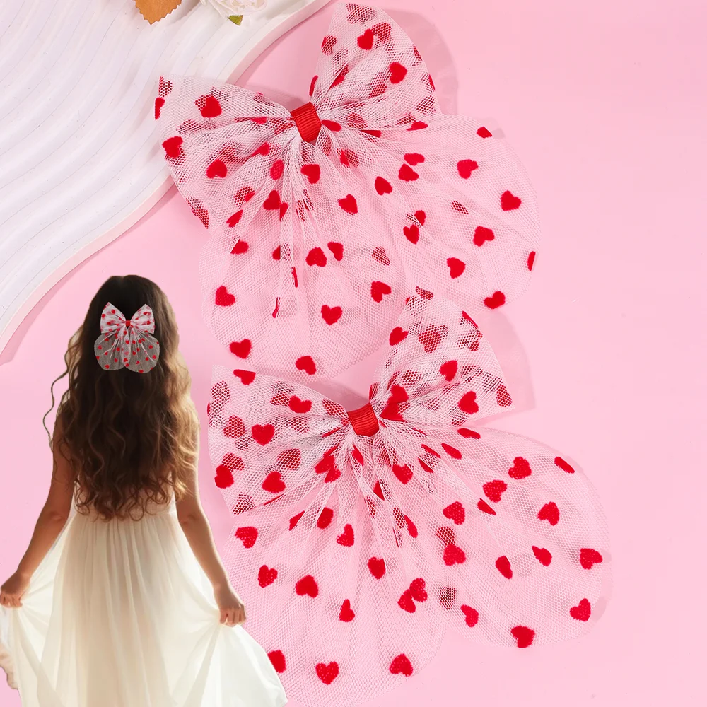 2Pcs Tulle Heart Bow Hair Clip Elegant Lace Love Hairpins Sweet Barrette For Girls Kids Children Fashion Headdress Accessories
