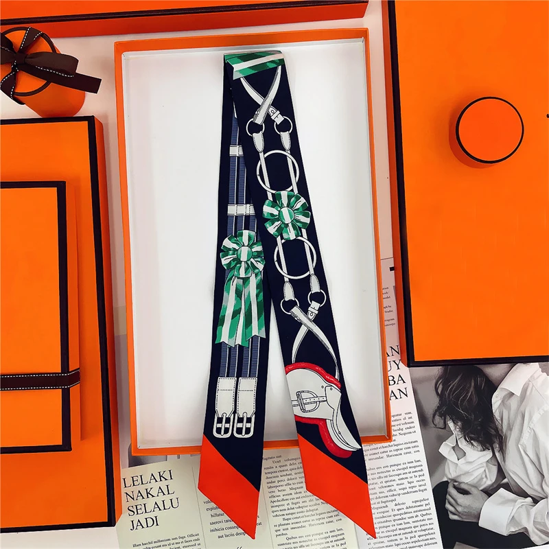Woman Skinny 100% Mulberry Silk Scarf for Hair Strip Silk Ribbon Small Neck Scarves Bag Handle Ribbon Scarf Kerchief Ladies Tie