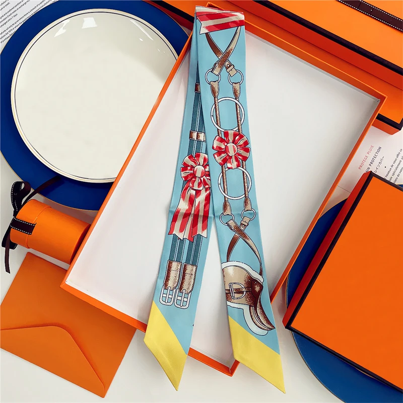 Woman Skinny 100% Mulberry Silk Scarf for Hair Strip Silk Ribbon Small Neck Scarves Bag Handle Ribbon Scarf Kerchief Ladies Tie
