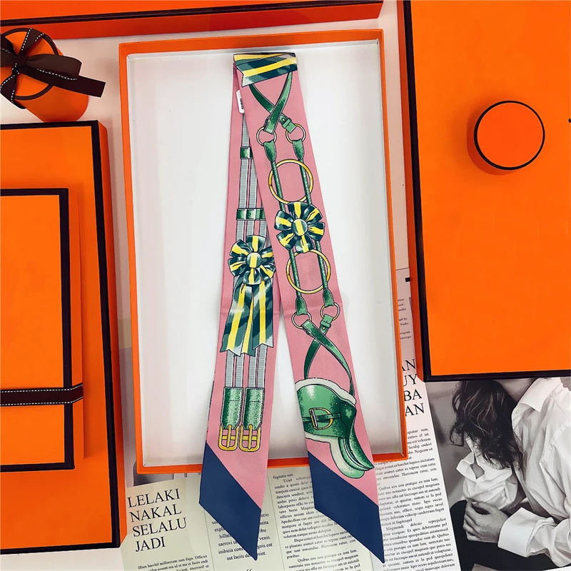 Woman Skinny 100% Mulberry Silk Scarf for Hair Strip Silk Ribbon Small Neck Scarves Bag Handle Ribbon Scarf Kerchief Ladies Tie