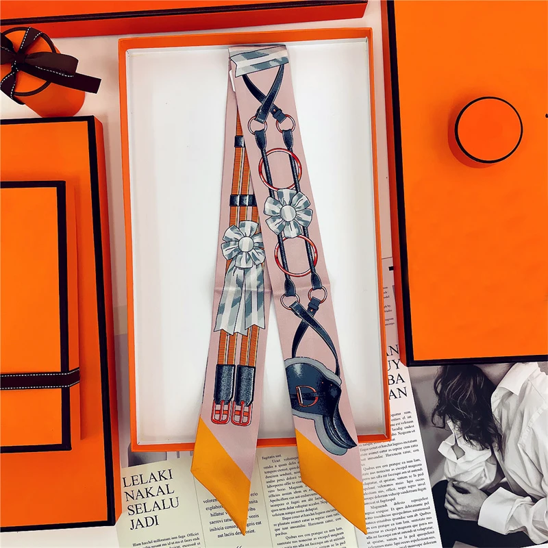 Woman Skinny 100% Mulberry Silk Scarf for Hair Strip Silk Ribbon Small Neck Scarves Bag Handle Ribbon Scarf Kerchief Ladies Tie
