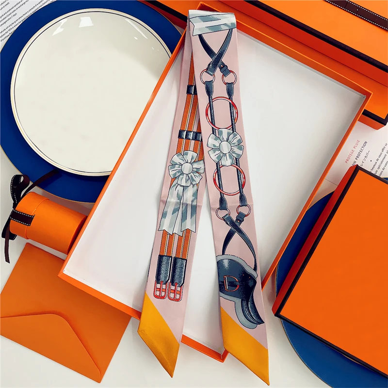 Woman Skinny 100% Mulberry Silk Scarf for Hair Strip Silk Ribbon Small Neck Scarves Bag Handle Ribbon Scarf Kerchief Ladies Tie