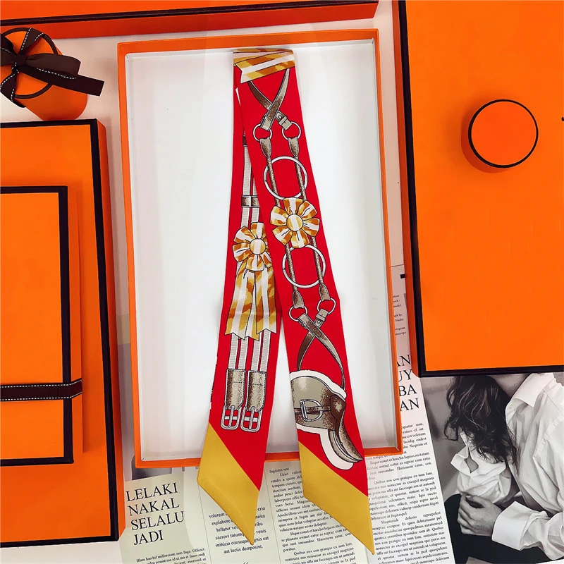 Woman Skinny 100% Mulberry Silk Scarf for Hair Strip Silk Ribbon Small Neck Scarves Bag Handle Ribbon Scarf Kerchief Ladies Tie