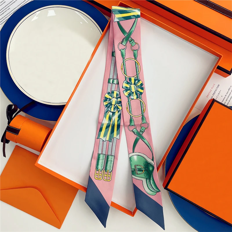 Woman Skinny 100% Mulberry Silk Scarf for Hair Strip Silk Ribbon Small Neck Scarves Bag Handle Ribbon Scarf Kerchief Ladies Tie