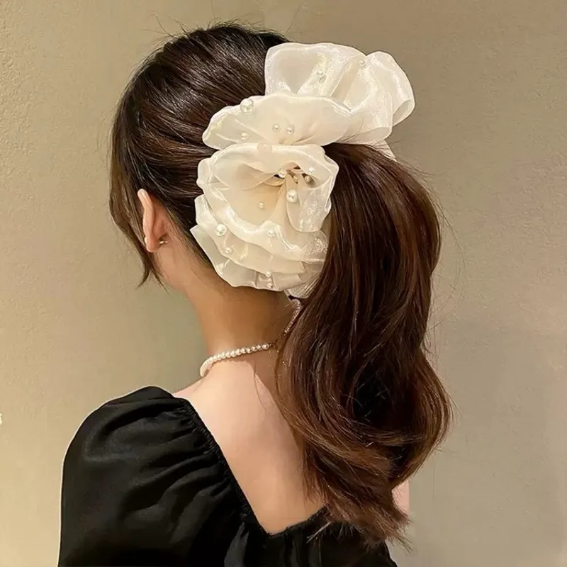 Temperamental Multi-Layered Bow Bubble Mesh Pearl Clip Hair Accessories For Women