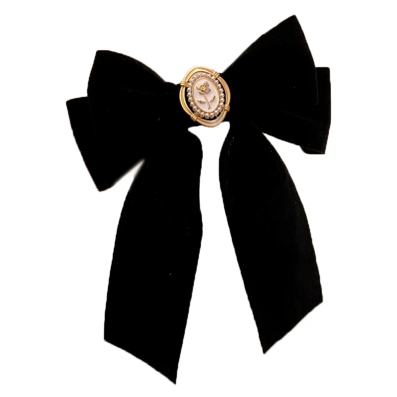 1pc New Black Velvet Bow Hair Pins Elegant Fabric Alloy Roses Hair Clips for Women Fashion Ponytail Barrette Heawear Accessories