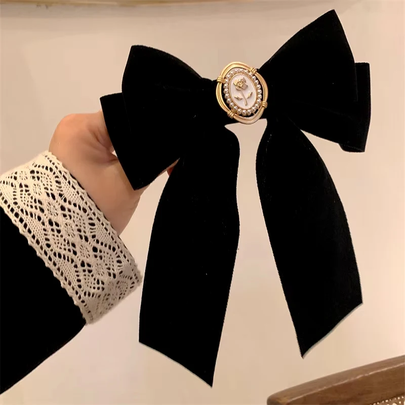 1pc New Black Velvet Bow Hair Pins Elegant Fabric Alloy Roses Hair Clips for Women Fashion Ponytail Barrette Heawear Accessories