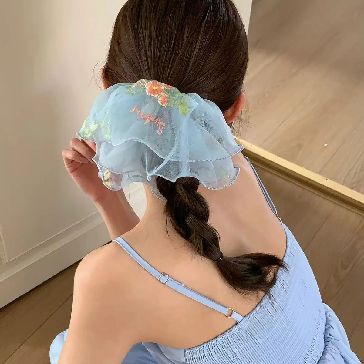 1pc Mesh Embroidery Flower Large Intestine Hair Ring, New Super Fairy Pastoral Style Tie Ponytail and Bun Hairstyle Head Flower