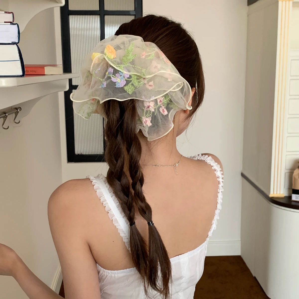 1pc Mesh Embroidery Flower Large Intestine Hair Ring, New Super Fairy Pastoral Style Tie Ponytail and Bun Hairstyle Head Flower