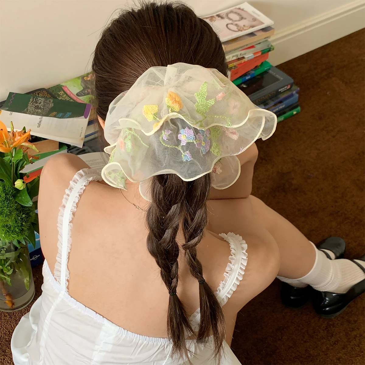 1pc Mesh Embroidery Flower Large Intestine Hair Ring, New Super Fairy Pastoral Style Tie Ponytail and Bun Hairstyle Head Flower