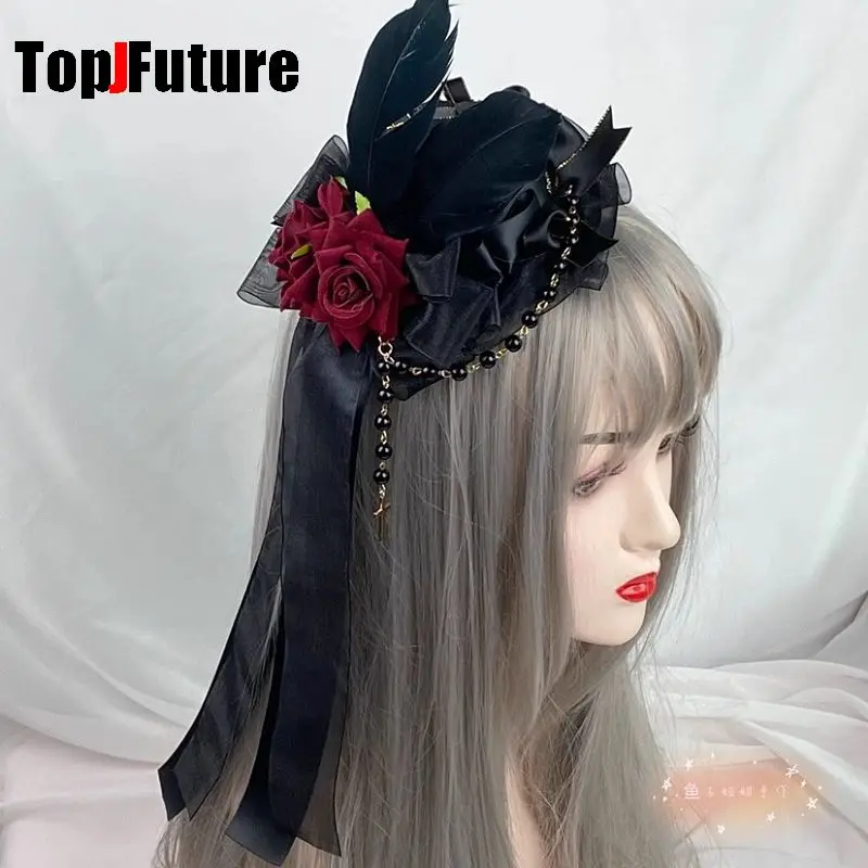 Headwear Spike Lolita Y2K Girl Gothic Punk Harajuku Ball Rose Pearl Feather Small Hat Elegant Hairpins Clip Hair Clip Hairgrips