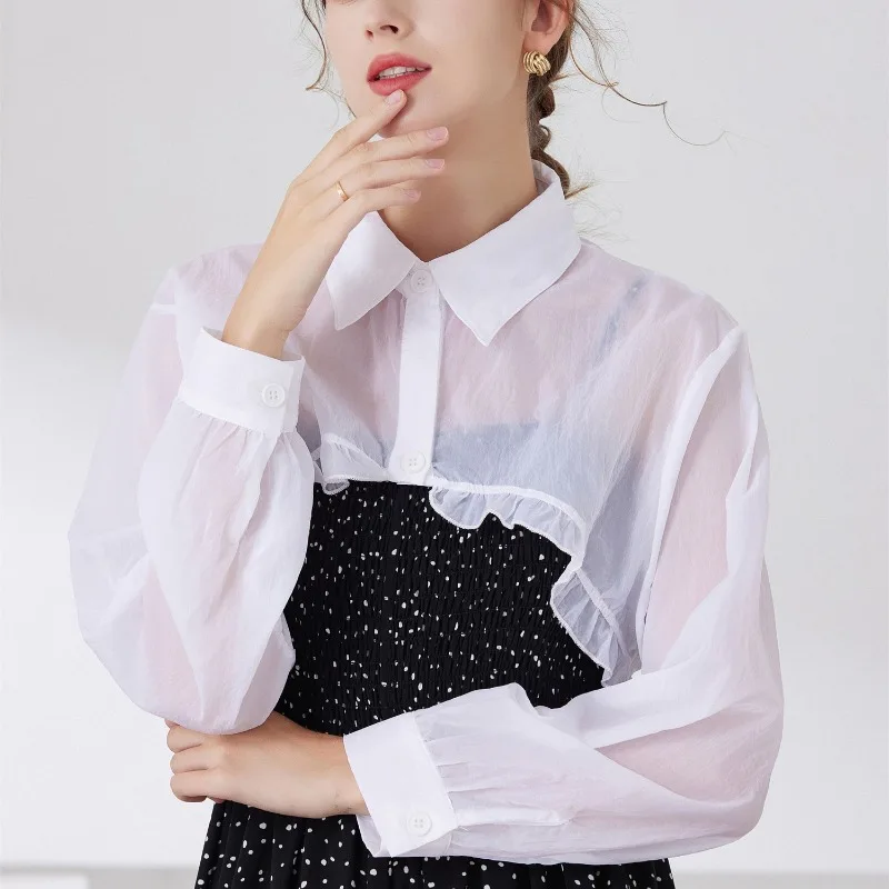 Womens Ruffle Shrugs Long Sleeves Fake Collar Lapel Button Shirt Crop Tops Shoulder Wraps Detachable Collar Punk False Collar