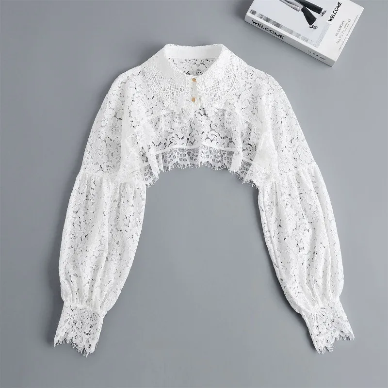 Womens Ruffle Shrugs Long Sleeves Fake Collar Lapel Button Shirt Crop Tops Shoulder Wraps Detachable Collar Punk False Collar