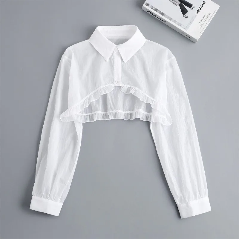 Womens Ruffle Shrugs Long Sleeves Fake Collar Lapel Button Shirt Crop Tops Shoulder Wraps Detachable Collar Punk False Collar