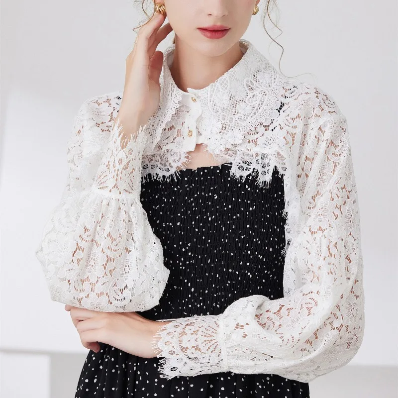 Womens Ruffle Shrugs Long Sleeves Fake Collar Lapel Button Shirt Crop Tops Shoulder Wraps Detachable Collar Punk False Collar