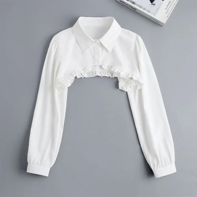 Womens Ruffle Shrugs Long Sleeves Fake Collar Lapel Button Shirt Crop Tops Shoulder Wraps Detachable Collar Punk False Collar