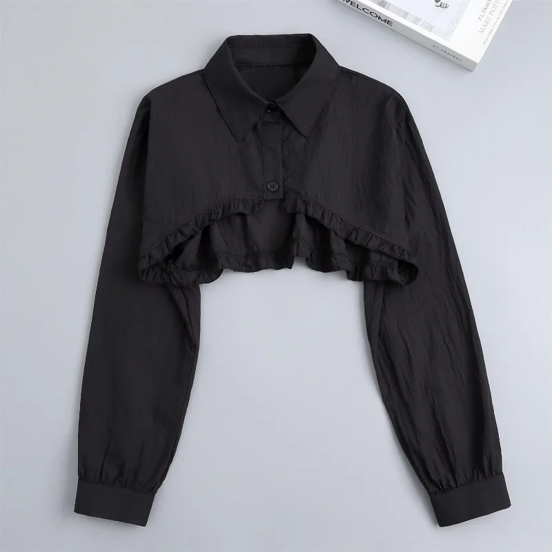 Womens Ruffle Shrugs Long Sleeves Fake Collar Lapel Button Shirt Crop Tops Shoulder Wraps Detachable Collar Punk False Collar