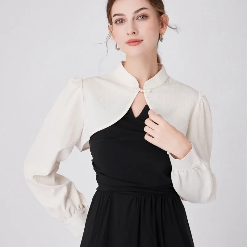 Womens Ruffle Shrugs Long Sleeves Fake Collar Lapel Button Shirt Crop Tops Shoulder Wraps Detachable Collar Punk False Collar