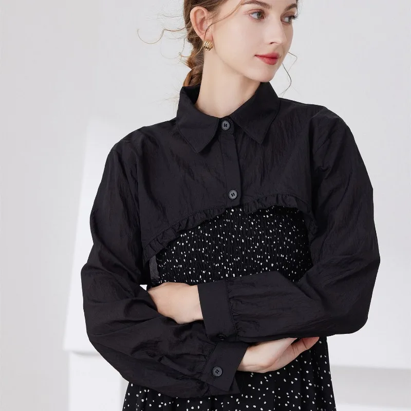 Womens Ruffle Shrugs Long Sleeves Fake Collar Lapel Button Shirt Crop Tops Shoulder Wraps Detachable Collar Punk False Collar