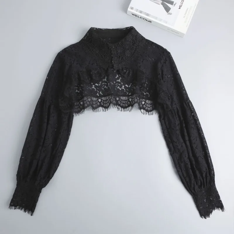 Womens Ruffle Shrugs Long Sleeves Fake Collar Lapel Button Shirt Crop Tops Shoulder Wraps Detachable Collar Punk False Collar