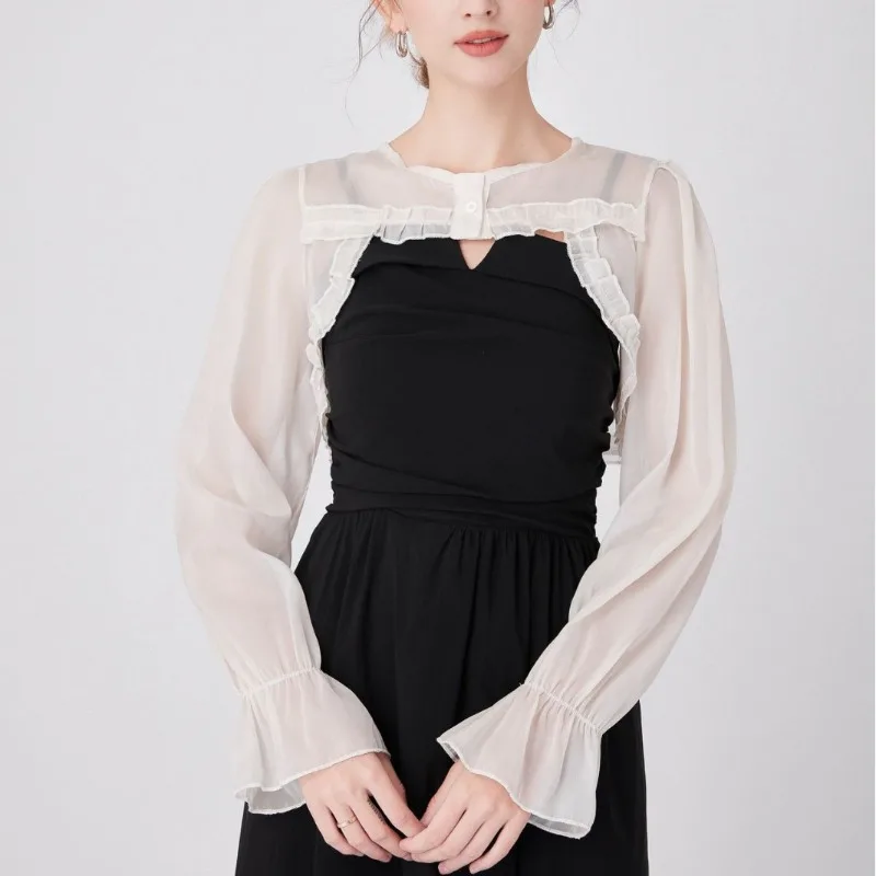Womens Ruffle Shrugs Long Sleeves Fake Collar Lapel Button Shirt Crop Tops Shoulder Wraps Detachable Collar Punk False Collar