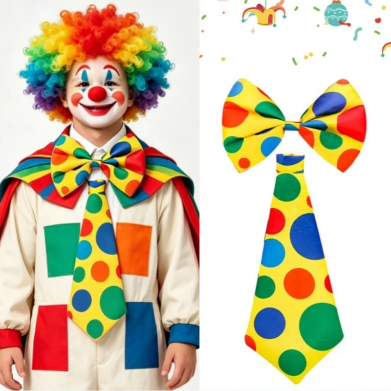 Colorful Polka Dot Printed Clown Tie And Bow Tie Halloween Carnival Circus Clown Props Fancy Cosplay Performance Party Costumes