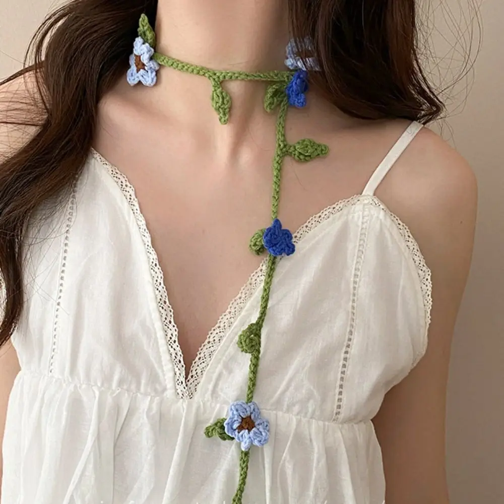 Cool Wool Knitted Scarf Handmade Crocheted Korean Style Rose Flower Shawl Harajuku Style Ribbon Knit Headband Ladies