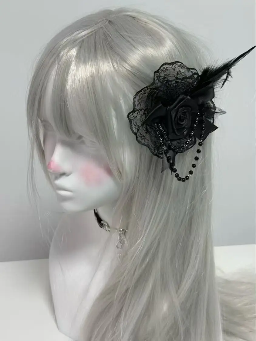 Lolita Hair Accessories Gothic Dark Retro Rose Feather Lace Headwear Flower Ball Hair Clips Subculture Sweet Style Clips Kawaii