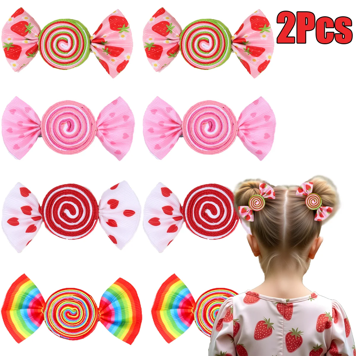 2Pcs Candy Bow Hair Clips Sweet Strawberry Heart Print Hairpins Rainbow Barrette For Girls Kids Children Headwear Accessories
