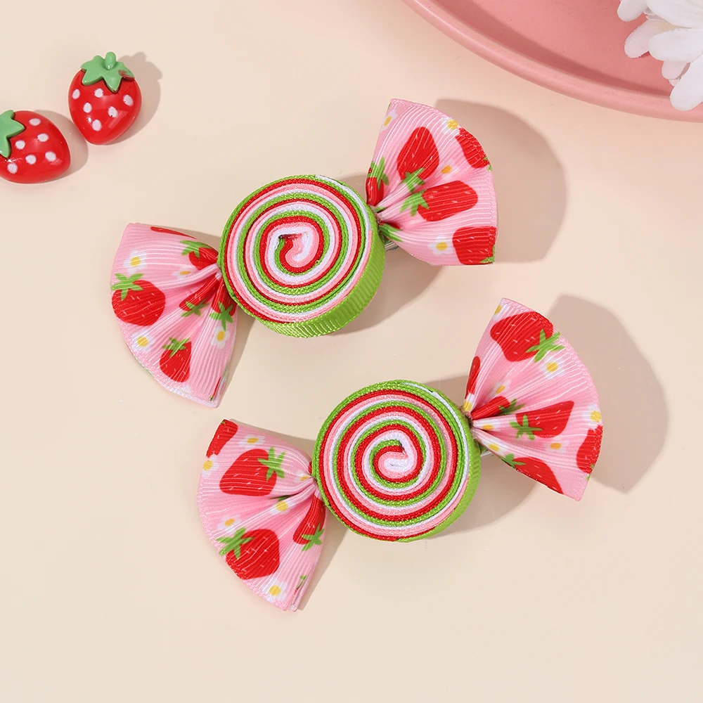 2Pcs Candy Bow Hair Clips Sweet Strawberry Heart Print Hairpins Rainbow Barrette For Girls Kids Children Headwear Accessories