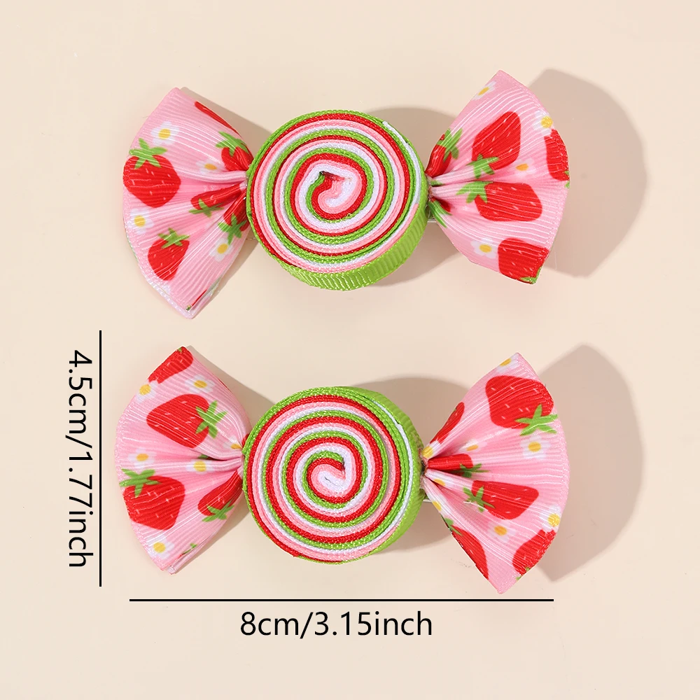2Pcs Candy Bow Hair Clips Sweet Strawberry Heart Print Hairpins Rainbow Barrette For Girls Kids Children Headwear Accessories