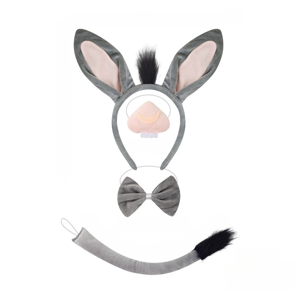 Donkey Costume Accessory Set Animal Ears Headband Tail Nose and BowTie Animal Props Halloween Cosplay Kit