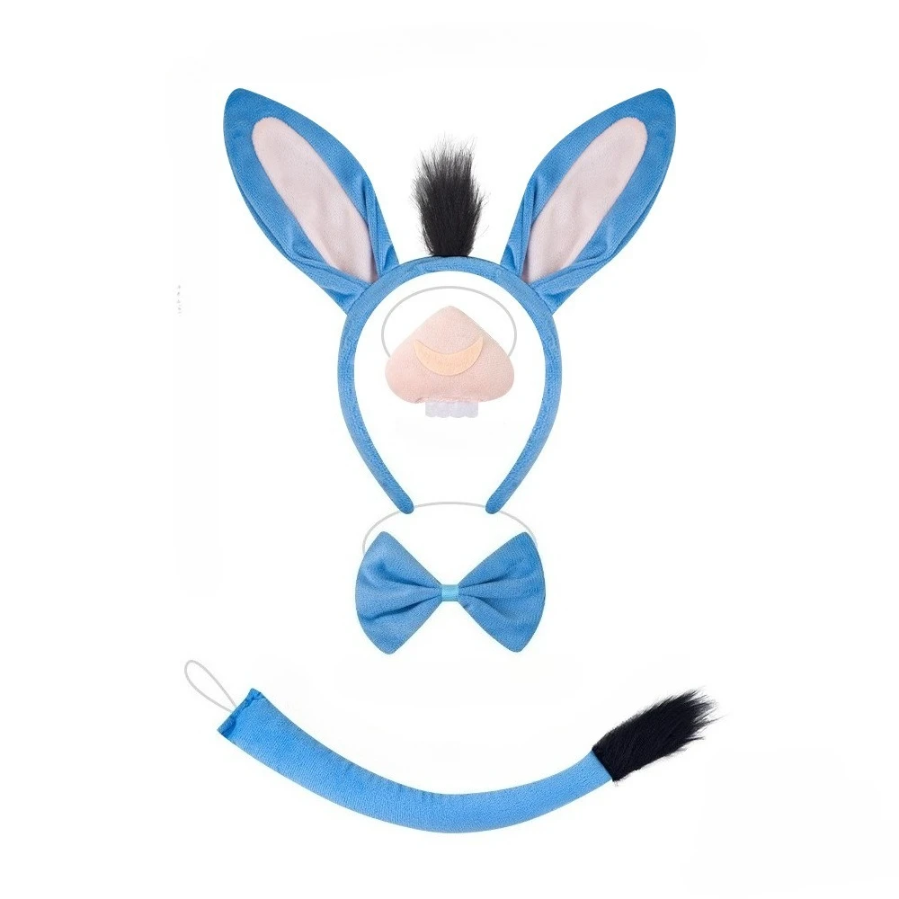Donkey Costume Accessory Set Animal Ears Headband Tail Nose and BowTie Animal Props Halloween Cosplay Kit