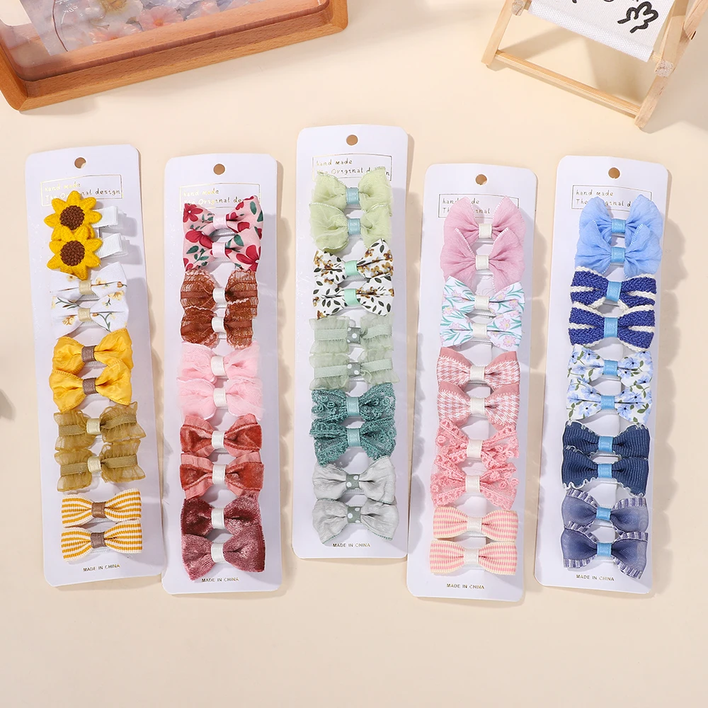 RAINBOW BOWS 10Pcs/Lot Fresh Print Cloth Hair Clips for Kids Exquisite Flowers BB Hairpins Girl Hairgripe Headwear Gift Set