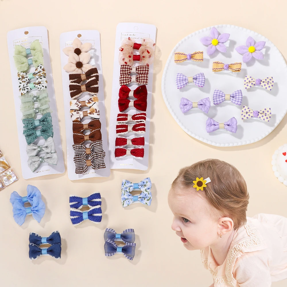 RAINBOW BOWS 10Pcs/Lot Fresh Print Cloth Hair Clips for Kids Exquisite Flowers BB Hairpins Girl Hairgripe Headwear Gift Set