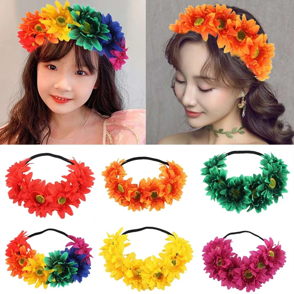Beach Sunflower Elastic Hair Band Bohemia Fashion Hair Band Handmade Faux Flower Women Wreath Rainbow Color Romantic Headband