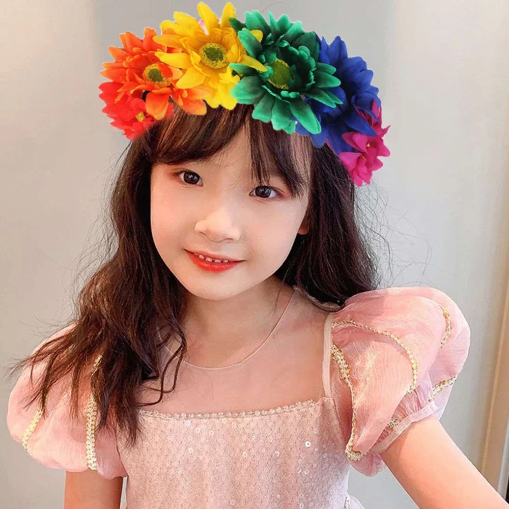 Beach Sunflower Elastic Hair Band Bohemia Fashion Hair Band Handmade Faux Flower Women Wreath Rainbow Color Romantic Headband