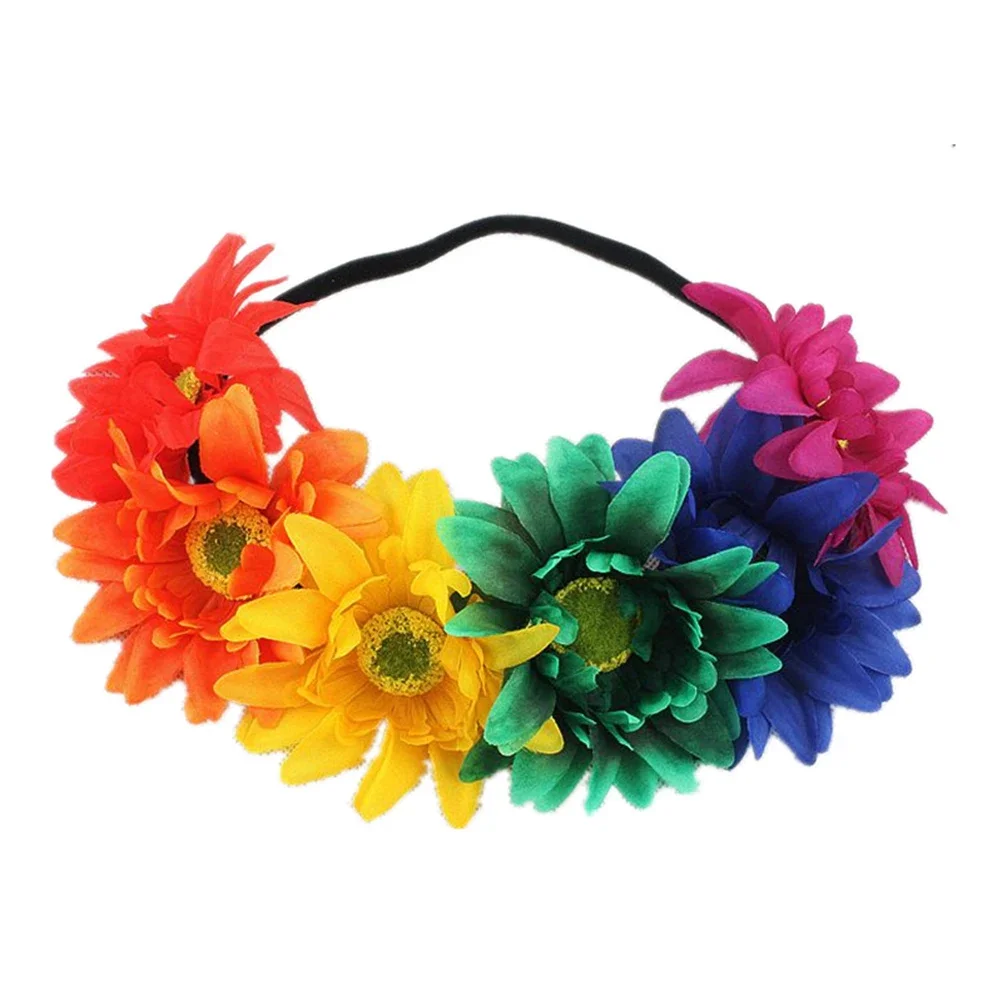 Beach Sunflower Elastic Hair Band Bohemia Fashion Hair Band Handmade Faux Flower Women Wreath Rainbow Color Romantic Headband
