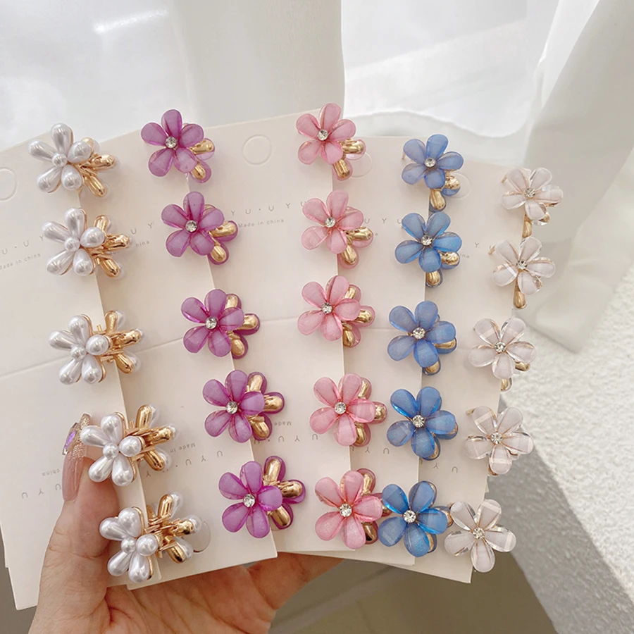2Pcs/Pair Small 2cm Metal Hair Claw Mini Crystal Flower Hair Grab Clips Faux Pearl Decorative Women Girls Hair Accessories