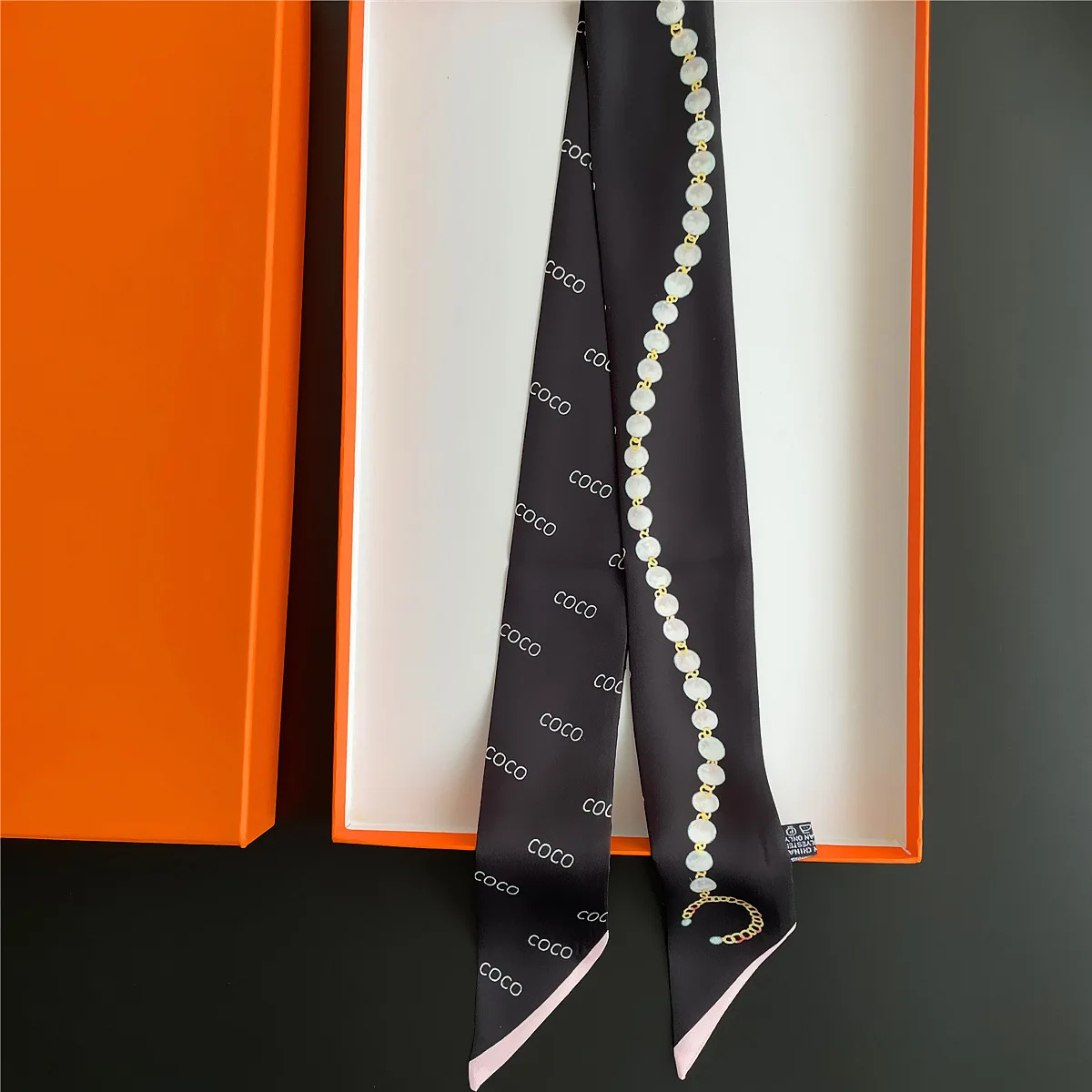 90x5cm French New Black White Long Scarf Decor Print Versatile Hair Ribbon Neck Band Gift Present for Women Fashion Accessory