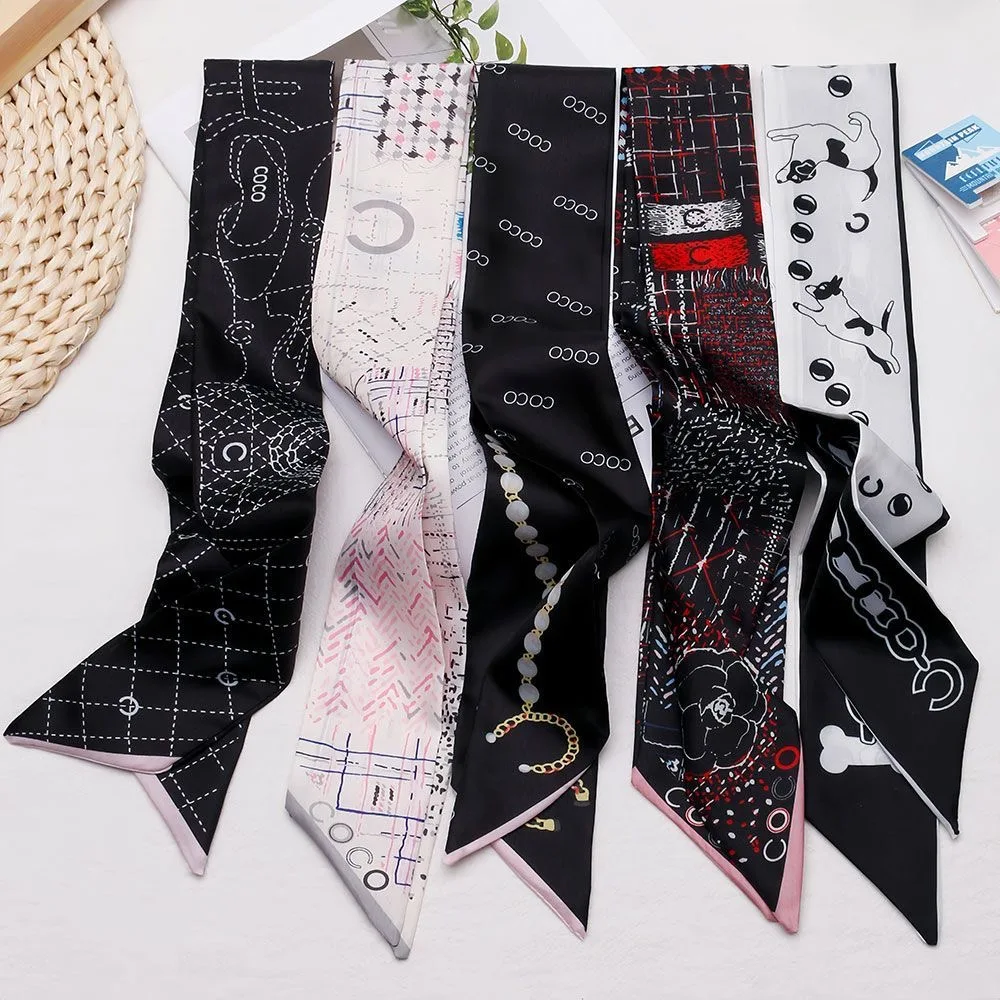 90x5cm French New Black White Long Scarf Decor Print Versatile Hair Ribbon Neck Band Gift Present for Women Fashion Accessory
