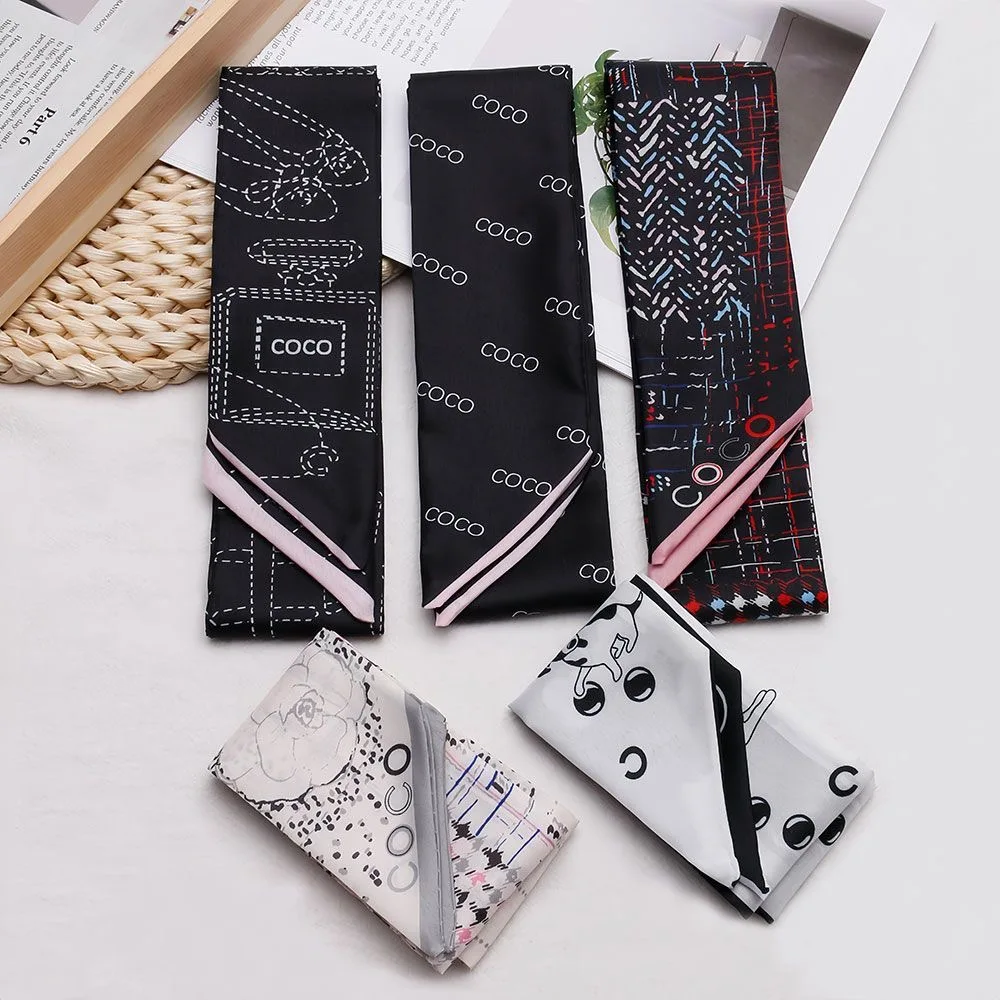 90x5cm French New Black White Long Scarf Decor Print Versatile Hair Ribbon Neck Band Gift Present for Women Fashion Accessory