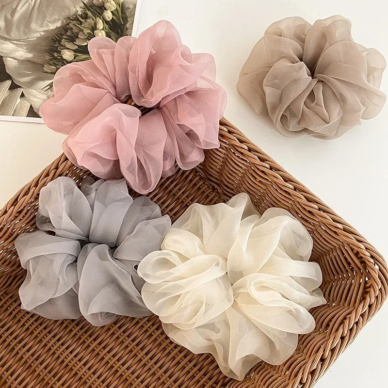 1 Piece of Oversized Mesh Large Intestine Hair Ring with Flower Bud and Bright Organza Large Intestine Ring for Women