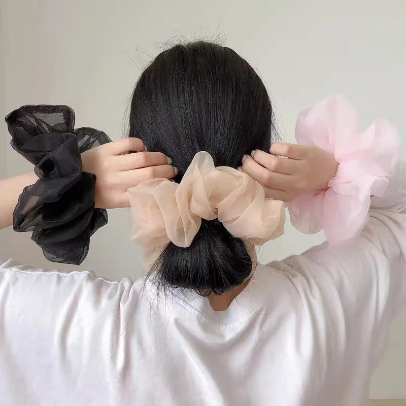 1 Piece of Oversized Mesh Large Intestine Hair Ring with Flower Bud and Bright Organza Large Intestine Ring for Women