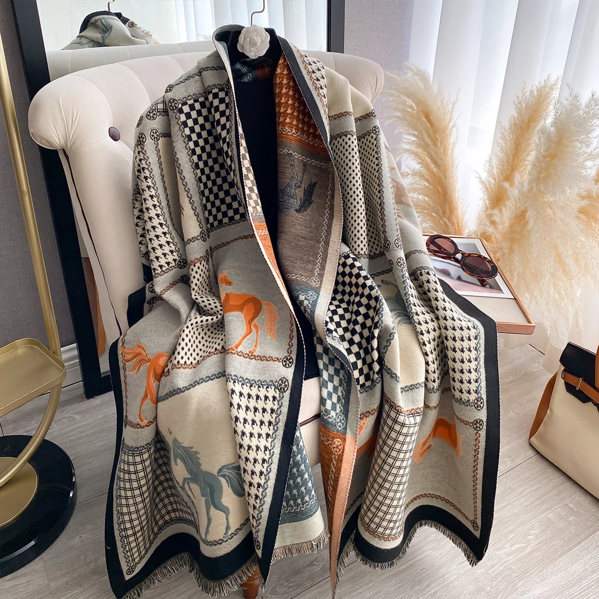 New Luxury Brand Two-Sided Jacquard Scarf Cashmere Soft Warm Fringe Pashmina The Horse Shawl Winter Coldproof Windproof Blanket