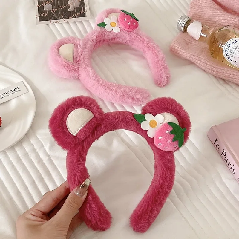 Cartoon Classic Style Strawberry Bear Plush Hair Band for Woman Sweet Face Wash Headband Fashion Girls Hair Accessories
