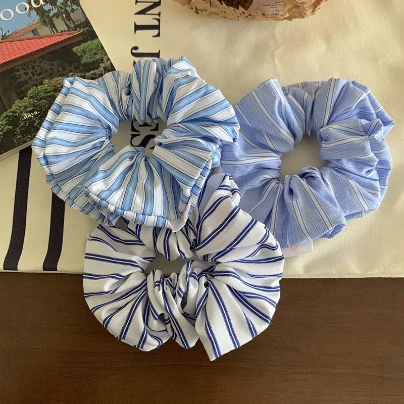 Korean Style Simple Striped Scrunchies Fresh Sunny Girls Blue Hair Rope Ties Elegant Ponytail Holder Hair Accessories Headwear