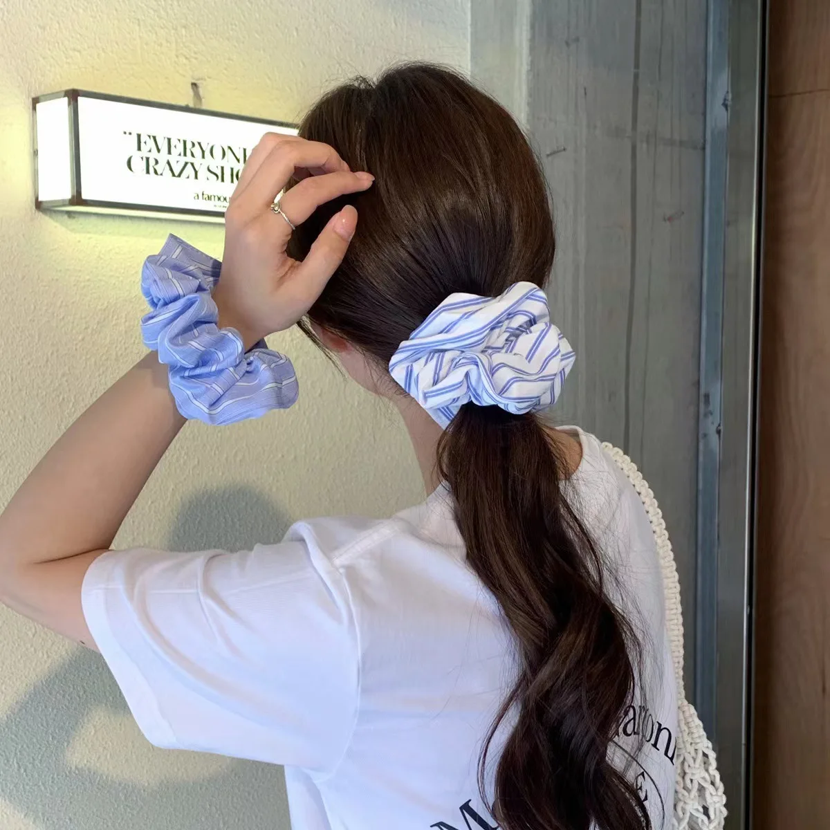 Korean Style Simple Striped Scrunchies Fresh Sunny Girls Blue Hair Rope Ties Elegant Ponytail Holder Hair Accessories Headwear
